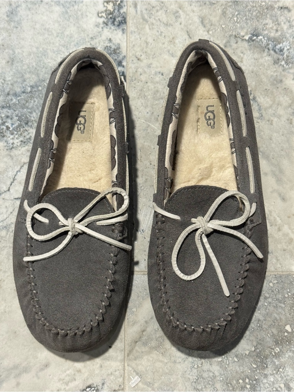 UGG Kids Charcoal Suede Moccasin Slippers with Cream Laces